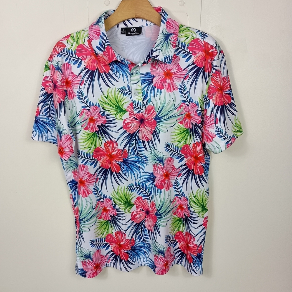 GreenSide Golf Mens Polo Shirt Small Aloha Spring Tropical Floral Hawaiian SS